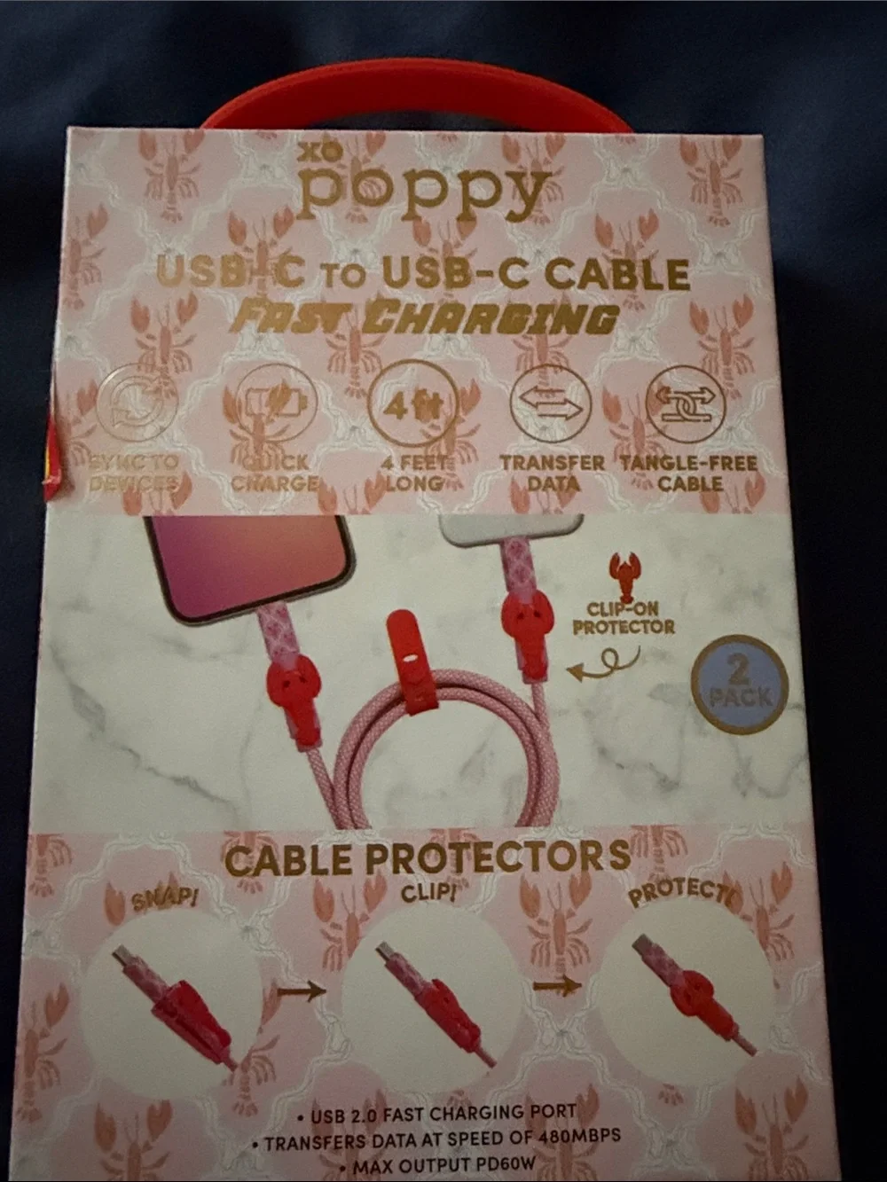 Poppy USB-C Lobster Fast Charging Cable with Clip Protectors - Pink